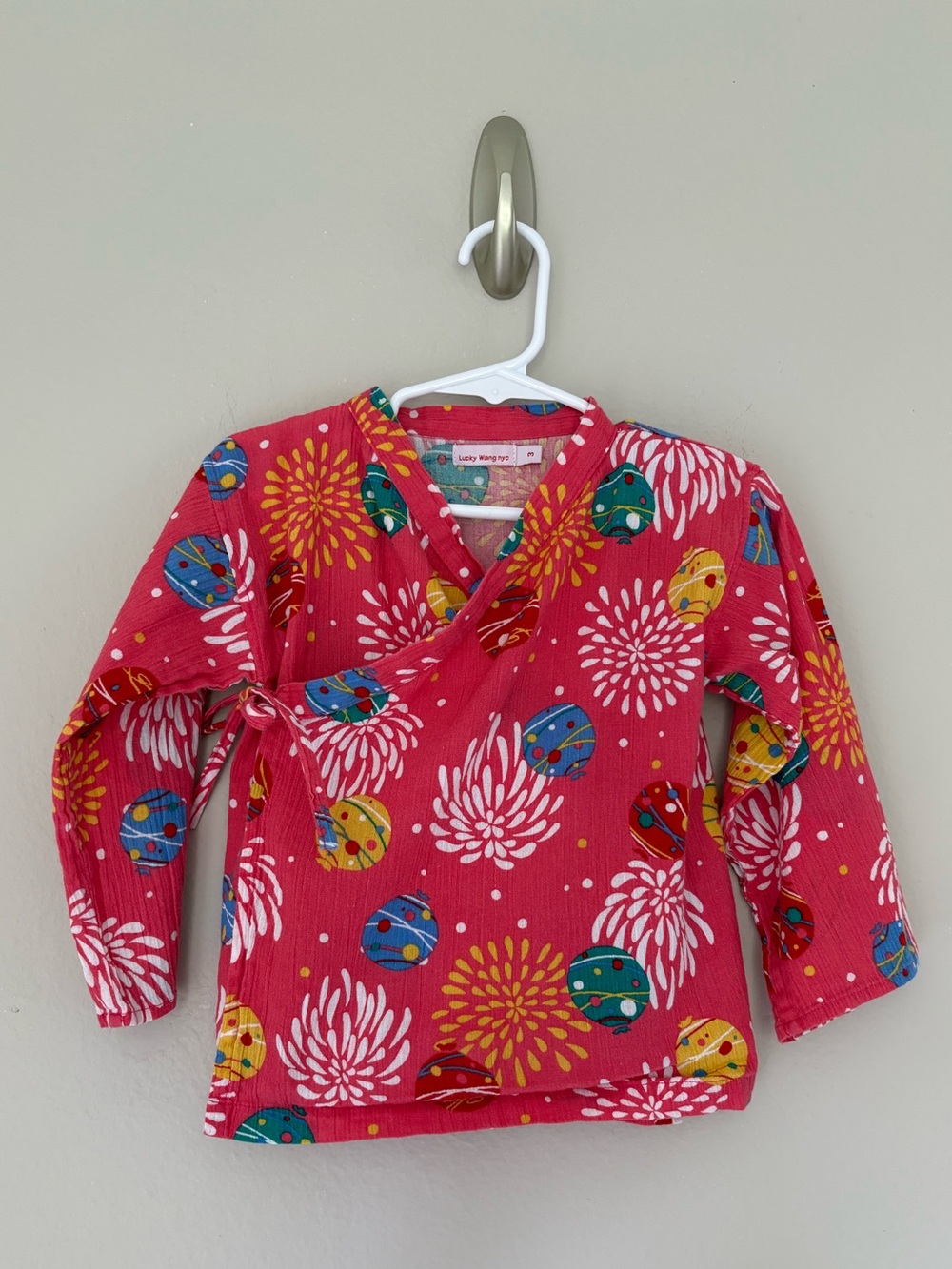Lucky Wang NYC Red Kimono Wrap Top Lantern Firework Print Cotton Size 3